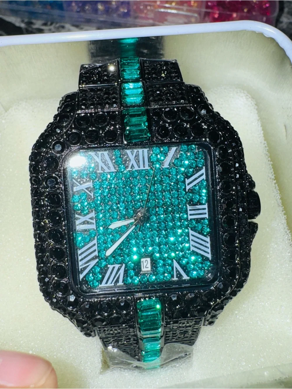 Green Crystal-Embellished Square Watch - Black Band
